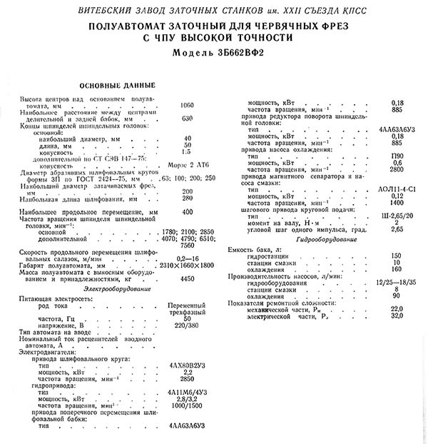 Технічні характеристики заточувального верстата 3Б662ВФ2